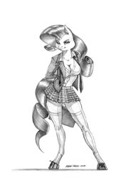 Size: 1055x1382 | Tagged: safe, artist:baron engel, rarity, unicorn, anthro, unguligrade anthro, g4, breasts, cleavage, clothes, colored hooves, female, grayscale, mare, miniskirt, monochrome, pencil drawing, pleated skirt, school uniform, shoes, simple background, skirt, socks, solo, stockings, story included, thigh highs, traditional art, white background, zettai ryouiki