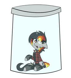 Size: 690x750 | Tagged: safe, artist:nevaylin, oc, oc:moonshine, pony, unicorn, choker, clothes, female, flannel, freckles, hockless socks, hoofless socks, horn, jar, meme, piercing, pony in a bottle, stockings, thigh highs, unicorn oc, ych result