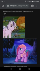 Size: 720x1280 | Tagged: safe, edit, edited screencap, screencap, lily lightly, twilight, pony, unicorn, a very pony place, come back lily lightly, g1, g3, cute, g1 twiabetes, lily cutely, looking at each other, mlpforums, photo