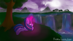 Size: 3840x2160 | Tagged: safe, artist:llamalauncher, twilight sparkle, pony, g4, female, high res, mountain, scenery, solo, tree, water, waterfall