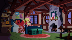 Size: 2880x1620 | Tagged: safe, anonymous artist, big macintosh, fluttershy, earth pony, pegasus, pony, series:fm holidays, g4, alarm clock, bags under eyes, bed, bed mane, bedroom, clock, dawn, daylight savings, eyes closed, female, fluttershy's cottage, lineless, male, mare, ship:fluttermac, shipping, stallion, straight, tired