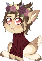 Size: 678x979 | Tagged: safe, artist:mourningfog, oc, oc only, deer, deer pony, original species, pony, clothes, flower, flower in hair, simple background, solo, sweater, transparent background