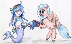 Size: 3427x2087 | Tagged: safe, artist:40kponyguy, derpibooru exclusive, silverstream, hippogriff, mermaid, g4, crossover, high res, looking at each other, present, puyo puyo, requested art, serilly, seriri, simple background, traditional art