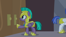 Size: 1920x1080 | Tagged: safe, screencap, queen chrysalis, vanguard cover, pegasus, pony, g4, the summer sun setback, armor, disguise, disguised changeling, female, helmet, hoof shoes, male, mare, royal guard, royal guard armor, solo focus, stallion, tail wrap