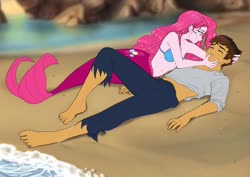 Size: 3035x2149 | Tagged: safe, artist:rileyav, pinkie pie, oc, oc:copper plume, mermaid, equestria girls, g4, barefoot, belly button, canon x oc, clothes, commission, commissioner:imperfectxiii, copperpie, disney, feet, female, high res, male, mermaidized, midriff, pants, seashell bra, shipping, shirt, species swap, straight, the little mermaid, unconscious, wet, wet hair