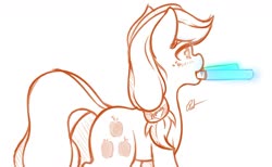 Size: 1440x885 | Tagged: safe, artist:ratofdrawn, applejack, earth pony, pony, g4, butt, female, glowstick, hatless, mare, missing accessory, monochrome, mouth hold, partial color, plot, simple background, solo, starry eyes, white background, wingding eyes