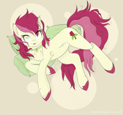 Size: 1920x1800 | Tagged: safe, artist:nyota71, roseluck, earth pony, pony, g4, behaving like a cat, chest fluff, collar, colored hooves, colored pupils, cute, ear fluff, eye clipping through hair, female, hoof fluff, mare, messy hair, messy mane, messy tail, mlem, pillow, pony pet, rosepet, silly, simple background, solo, tongue out