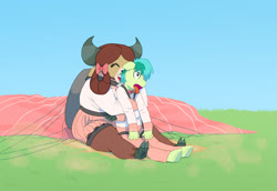 Size: 1309x900 | Tagged: safe, artist:carnifex, sandbar, yona, earth pony, pony, yak, anthro, g4, bow, clothes, cloven hooves, commission, female, hair bow, hug, male, monkey swings, parachute, school uniform, ship:yonabar, shipping, sitting, sitting on lap, smiling, stallion, straight, tongue out