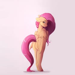 Size: 4000x4000 | Tagged: safe, artist:miokomata, fluttershy, pegasus, semi-anthro, g4, arm hooves, blushing, butt, colored hooves, dock, fangs, female, floppy ears, flutterbutt, freckles, freckleshy, grin, looking at you, looking back, looking back at you, looking over shoulder, mare, pink background, plot, signature, simple background, smiling, solo, white background