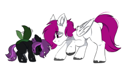 Size: 4219x2421 | Tagged: safe, artist:clay_pony_, oc, oc only, oc:dr.heart, oc:nadalia, changeling, clydesdale, pegasus, pony, buzzing, cute, double colored changeling, fluffy, green changeling, purple changeling, simple background, size difference, transparent background