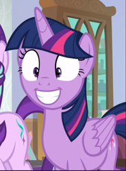 Size: 692x941 | Tagged: safe, screencap, twilight sparkle, alicorn, pony, g4, sparkle's seven, cropped, excited, female, offscreen character, shrunken pupils, smiling, solo, twilight sparkle (alicorn)