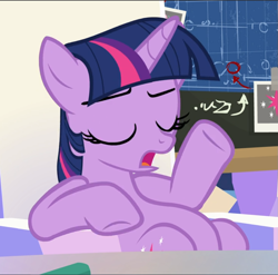 Size: 951x940 | Tagged: safe, screencap, twilight sparkle, alicorn, pony, g4, sparkle's seven, belly, cropped, eyes closed, female, open mouth, sitting, solo, twilight sparkle (alicorn)