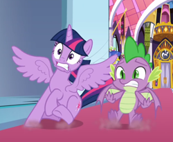 Size: 814x669 | Tagged: safe, screencap, spike, twilight sparkle, alicorn, dragon, pony, g4, sparkle's seven, cropped, duo, female, male, skidding, spread wings, twilight sparkle (alicorn), winged spike, wings