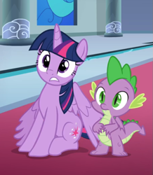 Size: 595x682 | Tagged: safe, screencap, spike, twilight sparkle, alicorn, dragon, pony, g4, sparkle's seven, cropped, duo, female, male, sitting, twilight sparkle (alicorn), winged spike, wings
