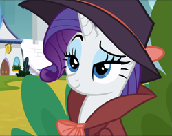 Size: 1193x939 | Tagged: safe, screencap, rarity, pony, unicorn, g4, sparkle's seven, amused, beautiful, canterlot castle, cropped, cunning, detective rarity, devious, eyeshadow, female, hat, idea, lidded eyes, makeup, mare, raised eyebrow, sly, smiling, smirk, smug, solo