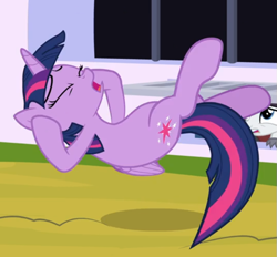 Size: 695x646 | Tagged: safe, screencap, twilight sparkle, alicorn, pony, g4, sparkle's seven, belly, cropped, eyes closed, female, midair, offscreen character, open mouth, solo, twilight sparkle (alicorn)