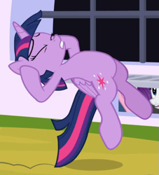 Size: 613x676 | Tagged: safe, screencap, rarity, twilight sparkle, alicorn, pony, g4, sparkle's seven, belly, cropped, eyes closed, female, midair, offscreen character, twilight sparkle (alicorn)