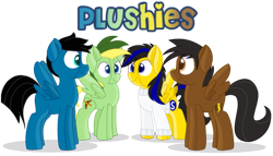 Size: 2572x1472 | Tagged: safe, artist:rainbow eevee, oc, oc only, oc:dashing thunder, oc:didgeree, oc:pony video maker, oc:ponyseb 2.0, pegasus, pony, clothes, cute, cutie mark, doll, doodle, grin, heart, male, missing cutie mark, pegasus oc, plushie, simple background, smiling, spread wings, sticker, sweater, text, toy, transparent background, wings