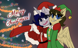 Size: 5894x3607 | Tagged: artist needed, safe, oc, oc only, oc:chance mccoy, oc:moonlit silver, pegasus, pony, unicorn, christmas, clothes, costume, cute, duo, holiday, pegasus oc, santa costume, tree, wings