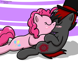 Size: 1000x800 | Tagged: safe, artist:pokefound, pinkie pie, oc, oc:varan, earth pony, pony, g4, blushing, canon x oc, female, hat, kiss on the lips, kissing, male, mare, red and black mane, red and black oc, straight