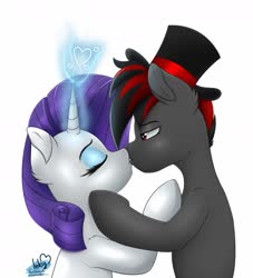 Size: 2000x2200 | Tagged: safe, artist:inkystylus12, rarity, oc, oc:varan, earth pony, pony, unicorn, g4, canon x oc, duo, female, hat, high res, kiss on the lips, kissing, magic, magic aura, male, one eye closed, red and black mane, red and black oc, simple background, straight, white background