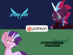 Size: 1600x1200 | Tagged: safe, alternate version, artist:chedx, starlight glimmer, tempest shadow, comic:the storm kingdom, g4, advertisement, alternate design, alternate hairstyle, alternate timeline, alternate universe, comic, crystal of light, everfreedom fighters, fanfic, patreon, patreon logo, paywall content, storm army, wallpaper