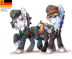 Size: 2200x1800 | Tagged: safe, artist:kaliner123, oc, oc only, earth pony, pegasus, pony, coat markings, east germany, female, german, germany, gun, male, mare, military uniform, not rainbow dash, photo, stallion, weapon