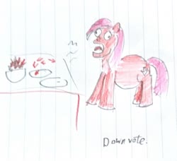 Size: 2452x2240 | Tagged: safe, artist:horsesplease, oc, oc only, oc:downvote, pony, derpibooru, burp, derp, derpibooru ponified, downvote's downvotes, downvotes are upvotes, fat, high res, lined paper, meta, perfectly balanced as all things should be, ponified, solo, traditional art