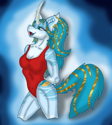 Size: 1400x1561 | Tagged: safe, artist:visrack, oc, oc only, oc:serene, unicorn, anthro, clothes, curved horn, ear piercing, earring, female, horn, jewelry, mare, one-piece swimsuit, piercing, solo, swimsuit
