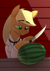 Size: 2480x3508 | Tagged: safe, artist:underpable, applejack, earth pony, pony, g4, clothes, dexterous hooves, female, food, green eyes, hatless, high res, hoof hold, implied applejack's plantation, knife, missing accessory, moments before disaster, smiling, solo, suit, this will end in tears, watermelon