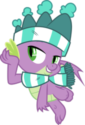 Size: 1280x1879 | Tagged: safe, artist:cloudy glow, spike, dragon, best gift ever, g4, bedroom eyes, clothes, hat, male, scarf, simple background, solo, standing, standing on one leg, striped scarf, transparent background, vector, winged spike, wings, winter outfit