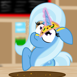 Size: 1450x1450 | Tagged: safe, artist:puperhamster, trixie, pony, unicorn, g4, female, food, glowing horn, horn, horn impalement, magic, pizza, silly, silly pony, solo