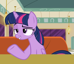 Size: 945x815 | Tagged: safe, screencap, twilight sparkle, alicorn, pony, g4, the saddle row review, booth, cropped, diner, female, raised eyebrow, sitting, smiling, smug, smuglight sparkle, solo, table, twilight sparkle (alicorn)