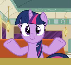 Size: 851x775 | Tagged: safe, screencap, twilight sparkle, alicorn, pony, g4, the saddle row review, booth, cropped, cute, female, looking at you, smiling, solo, spread hooves, table, twiabetes, twilight sparkle (alicorn)