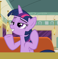 Size: 856x866 | Tagged: safe, screencap, twilight sparkle, alicorn, pony, g4, the saddle row review, booth, cropped, diner, female, lidded eyes, sitting, smiling, solo, table, twilight sparkle (alicorn)