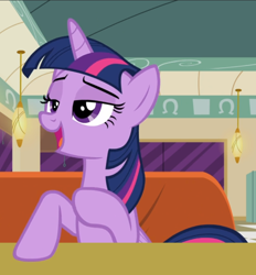 Size: 810x874 | Tagged: safe, screencap, twilight sparkle, alicorn, pony, g4, the saddle row review, booth, cropped, diner, female, lidded eyes, open mouth, sitting, smiling, solo, table, twilight sparkle (alicorn)