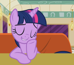 Size: 816x726 | Tagged: safe, screencap, twilight sparkle, alicorn, pony, g4, the saddle row review, booth, cropped, diner, eyes closed, female, hoof on cheek, sitting, smiling, smuglight sparkle, solo, table, twilight sparkle (alicorn)