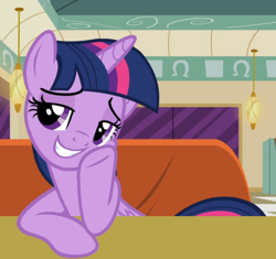Size: 808x759 | Tagged: safe, screencap, twilight sparkle, alicorn, pony, g4, the saddle row review, booth, cropped, diner, female, hoof on cheek, sitting, smiling, smug, smuglight sparkle, solo, table, twilight sparkle (alicorn)