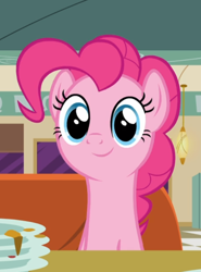 Size: 594x801 | Tagged: safe, screencap, pinkie pie, earth pony, pony, g4, the saddle row review, booth, cropped, cute, diapinkes, diner, female, mare, plate, sitting, smiling, solo, table
