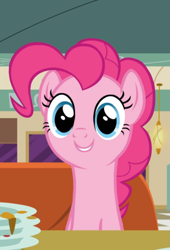 Size: 565x832 | Tagged: safe, screencap, pinkie pie, earth pony, pony, g4, the saddle row review, booth, cropped, cute, diapinkes, diner, dishes, female, looking at you, plate, smiling, solo, table