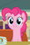 Size: 565x832 | Tagged: safe, screencap, pinkie pie, earth pony, pony, g4, my little pony: friendship is magic, the saddle row review, booth, cropped, cute, diapinkes, diner, dishes, female, looking at you, plate, smiling, solo, table