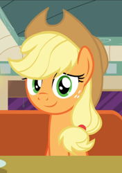 Size: 602x857 | Tagged: safe, screencap, applejack, pony, g4, the saddle row review, booth, cropped, cute, diner, female, jackabetes, looking at you, smiling, solo, table