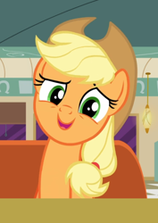 Size: 612x866 | Tagged: safe, screencap, applejack, pony, g4, the saddle row review, booth, cropped, diner, female, looking at you, open mouth, solo, table