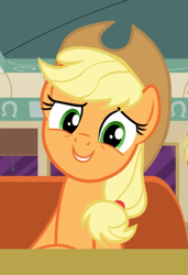 Size: 583x851 | Tagged: safe, screencap, applejack, earth pony, pony, g4, the saddle row review, booth, cropped, cute, diner, female, jackabetes, looking at you, mare, smiling, solo, table