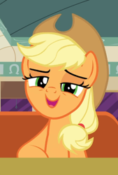 Size: 578x855 | Tagged: safe, screencap, applejack, earth pony, pony, g4, the saddle row review, applejack is best facemaker, booth, cropped, diner, female, lidded eyes, looking at you, open mouth, smug, smugjack, solo