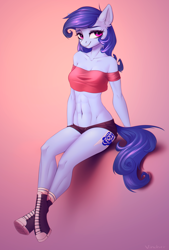 Size: 2264x3353 | Tagged: safe, artist:vincher, oc, oc only, oc:raylanda, earth pony, anthro, unguligrade anthro, anthro oc, clothes, female, high res, hooves, looking at you, mare, shoes, smiling, solo