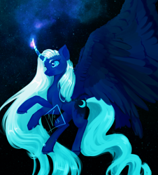 Size: 2856x3165 | Tagged: dead source, safe, artist:thewickedvix, princess luna, alicorn, pony, g4, alternate design, alternate hair color, curved horn, flowing mane, flowing tail, happy birthday luna, high res, horn, large wings, long mane, long tail, solo, tail, traditional art, wings