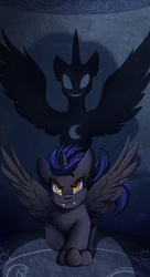 Size: 1550x2850 | Tagged: safe, alternate version, artist:pridark, oc, oc only, alicorn, bat pony, bat pony alicorn, pony, werewolf, wolf, wolf pony, bat wings, commission, fangs, high res, horn, shadow, solo, spread wings, wings