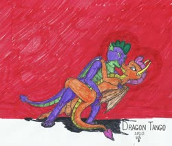 Size: 1602x1357 | Tagged: safe, artist:gash-ren, smolder, spike, dragon, g4, dancing, dragoness, female, male, ship:spolder, shipping, simple background, straight, tango, traditional art