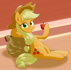 Size: 2819x2758 | Tagged: safe, artist:yinglung, applejack, earth pony, pony, g4, apple, eating, female, food, herbivore, high res, leaning back, looking at you, mare, sack, sitting, solo